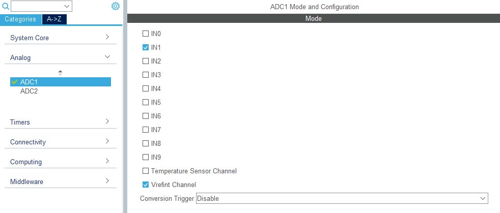 Настройка канала АЦП в STM32CubeMx.