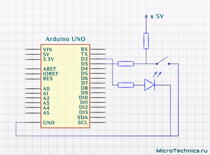 Подключение кнопки и светодиода к Arduino