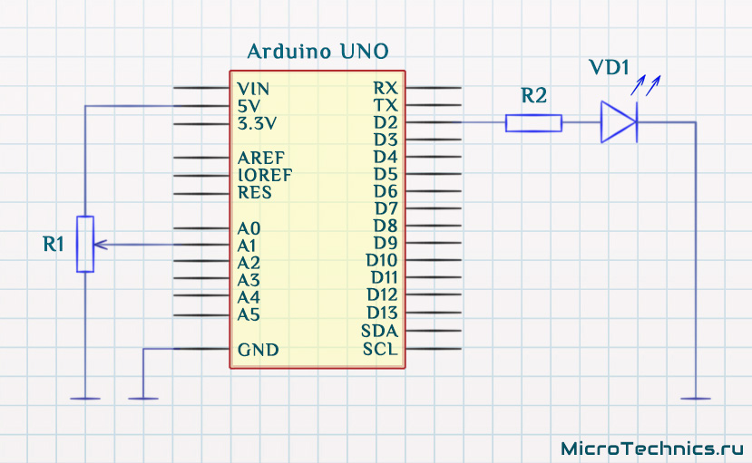 Управление светодиодом на Ардуино с помощью потенциометра.