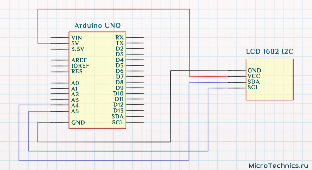 Схема подключения LCD 1602 по I2C